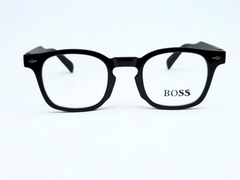 "BOSS Black Rounded Rectangular Eyeglasses with Gold Accents"
