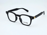 "BOSS Black Rounded Rectangular Eyeglasses with Gold Accents"