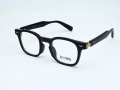 "BOSS Black Rounded Rectangular Eyeglasses with Gold Accents"