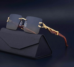 Cartier Luxury Rectangular Rimless Sunglasses with Wood-Textured Temples and Gold Detailing