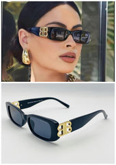 Balenciaga Sunglasses With a Gold  "BB" on Temples. Rectangle Frame Black Colour and Gray Lenses