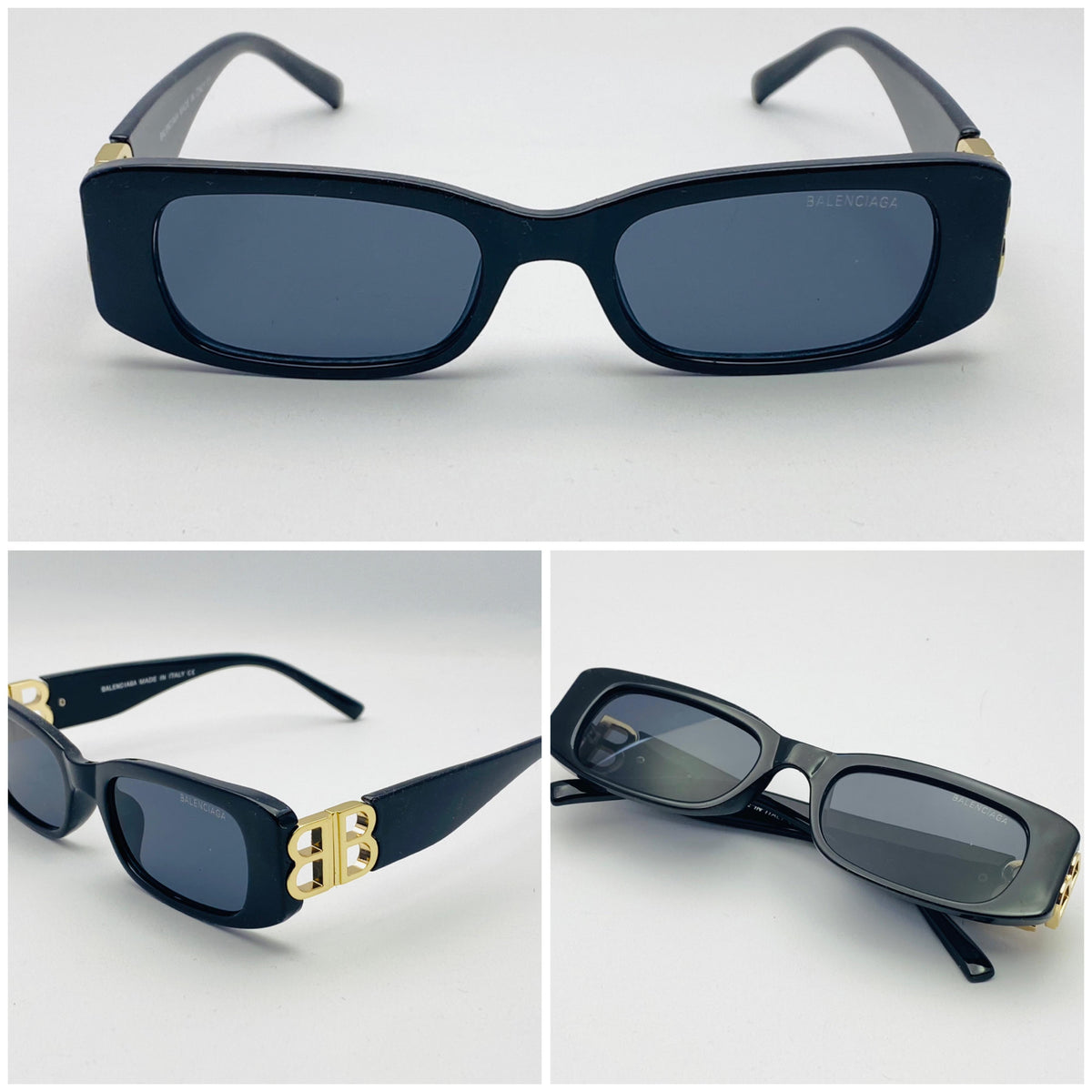 Balenciaga Sunglasses With a Gold  "BB" on Temples. Rectangle Frame Black Colour and Gray Lenses