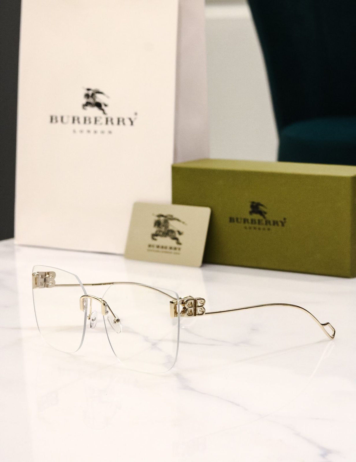 BURBERRY EYEWEAR- Black-Golden-sliver- female-metal Rimless- Square-Wide-Eyewear