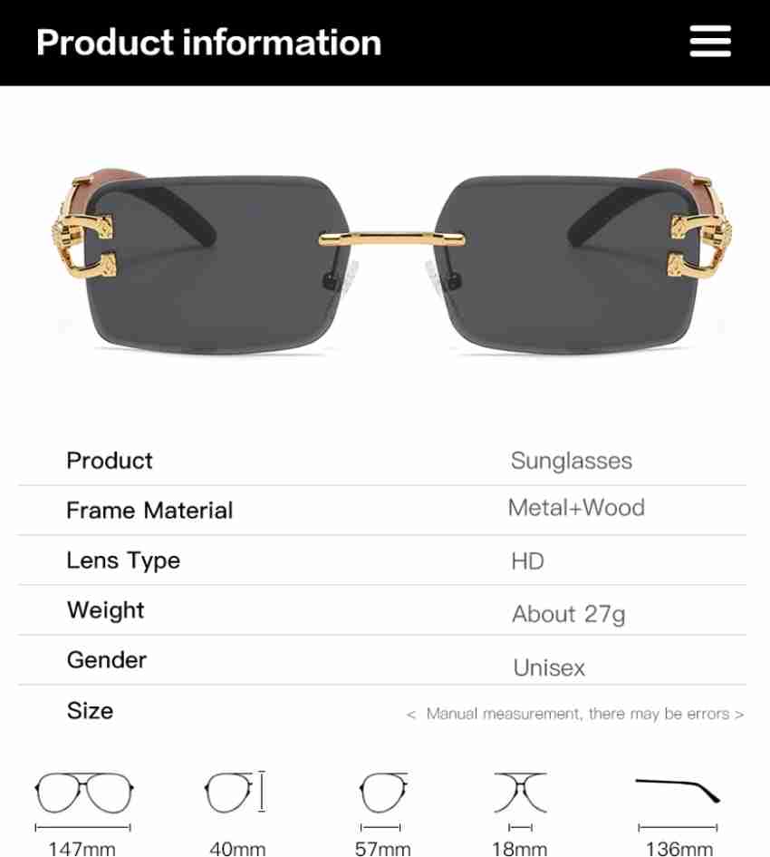 Cartier Luxury Rectangular Rimless Sunglasses with Wood-Textured Temples and Gold Detailing