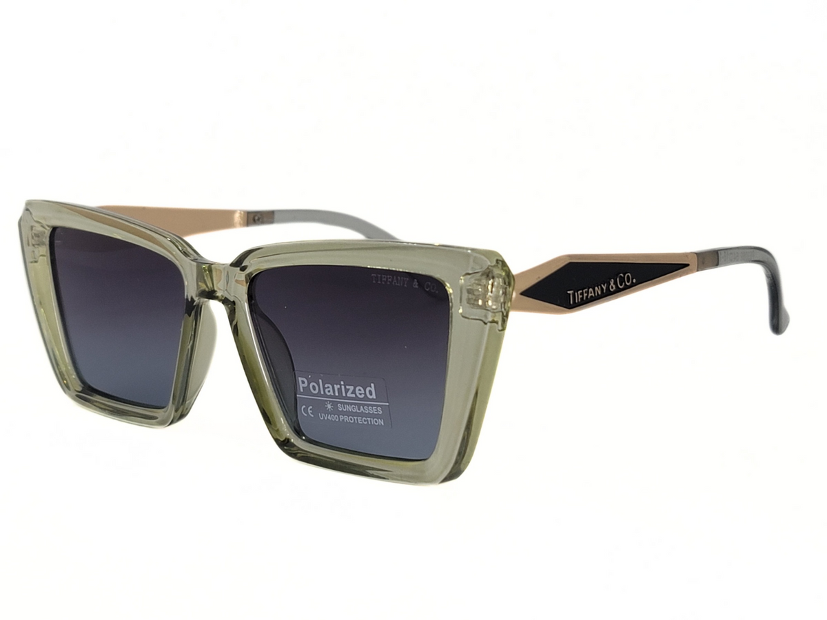 Tiffany sunglasses with polarized lenses, rose gold temples, UV protection.
