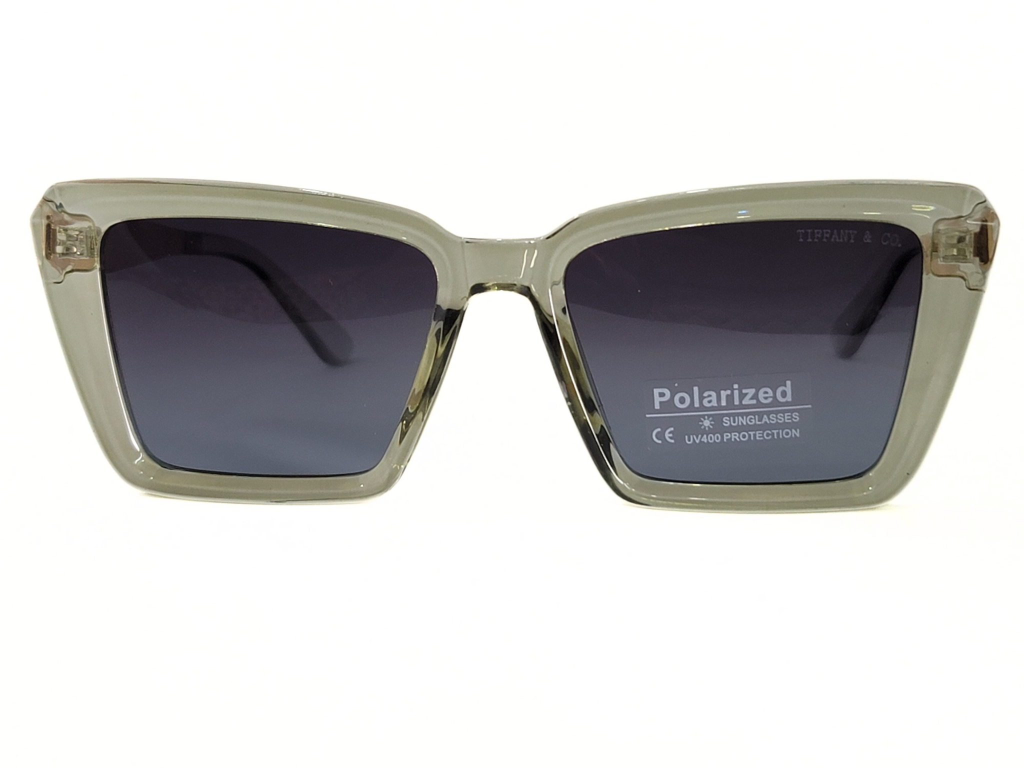 Tiffany sunglasses with polarized lenses, rose gold temples, UV protection.