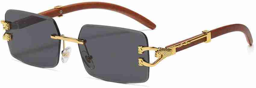 Cartier Luxury Rectangular Rimless Sunglasses with Wood-Textured Temples and Gold Detailing