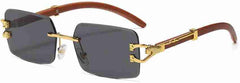 Cartier Luxury Rectangular Rimless Sunglasses with Wood-Textured Temples and Gold Detailing