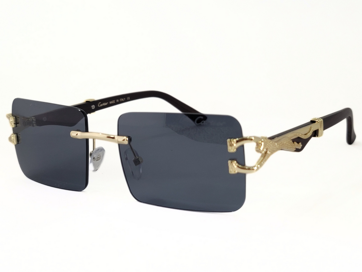Cartier Luxury Rectangular Rimless Sunglasses with Wood-Textured Temples and Gold Detailing